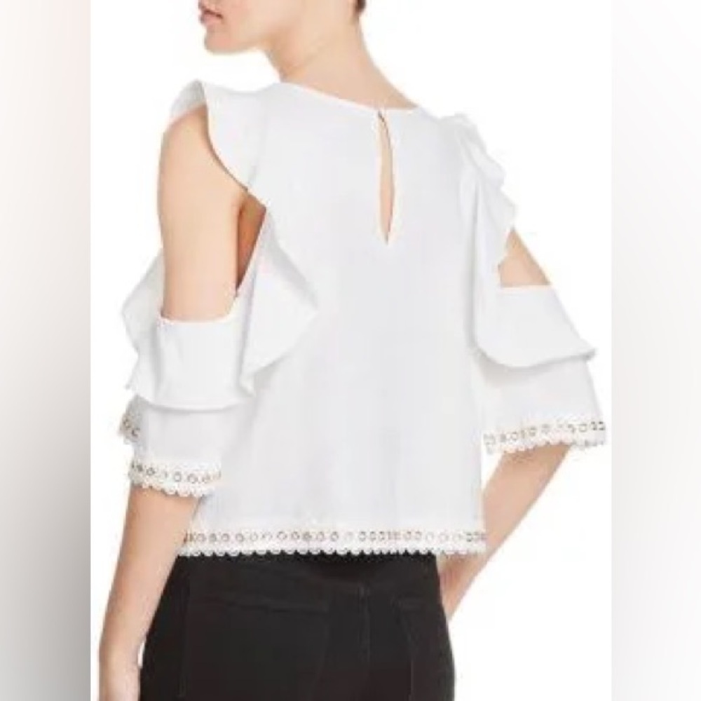 MISA Los Angeles Linen Blend Cold Shoulder Metal Rivet Eyelet Ruffle Blouse XS